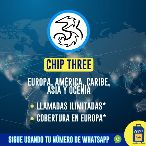 Chip Three para América, Caribe, Europa, Asia y Oceanía. Llamadas Ilimitadas y Gigas para tus viajes. Puedes encontrarnos en los Aeropuertos de Quito y Guayaquil. Viaja conectado con WifiToGo.